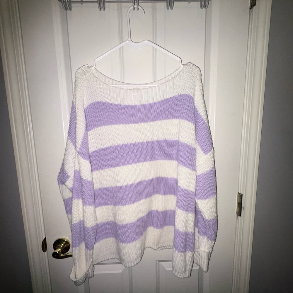 Pink Lily Purple and White Crew Neck Sweater